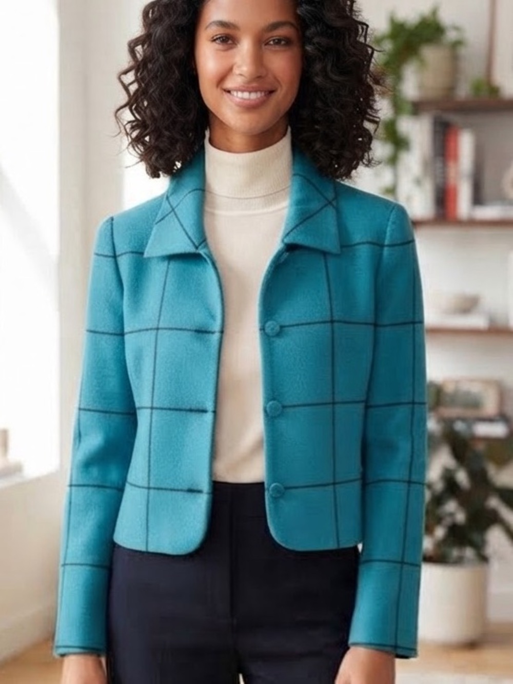 Vintage Ilie Wacs Aqua Teal Plaid Grid Crop Jacket Blazer Sz 4 USA Made